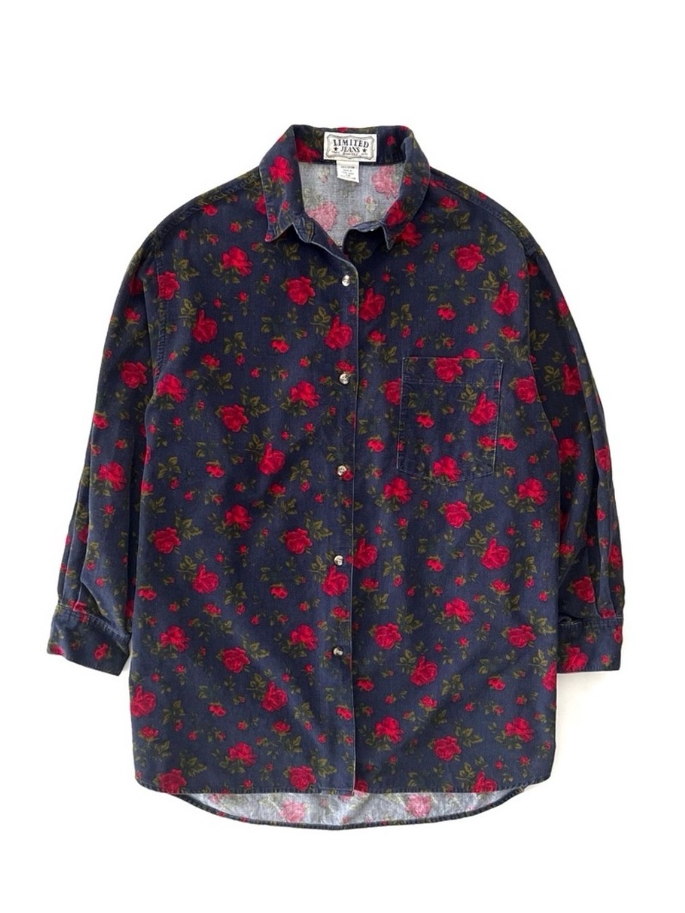Vintage Limited Jeans Corduroy Rose Print Button Down Shirt Oversized